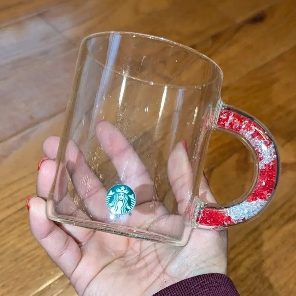 Starbucks Clear Glass Coffee Cup Mug with red‎ & white filled handle